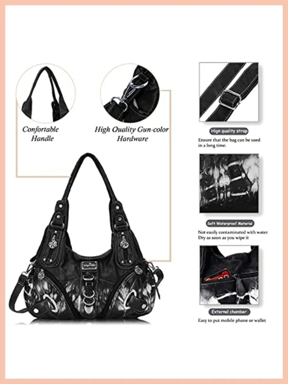 Large Faux Leather Hobo Satchel Handbag with Adjustable Strap, Convertible
